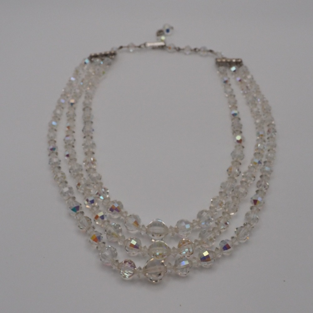 VTG Laguna Choker Necklace Aurora Borealis Faceted Bead Triple Strand Bib Glam